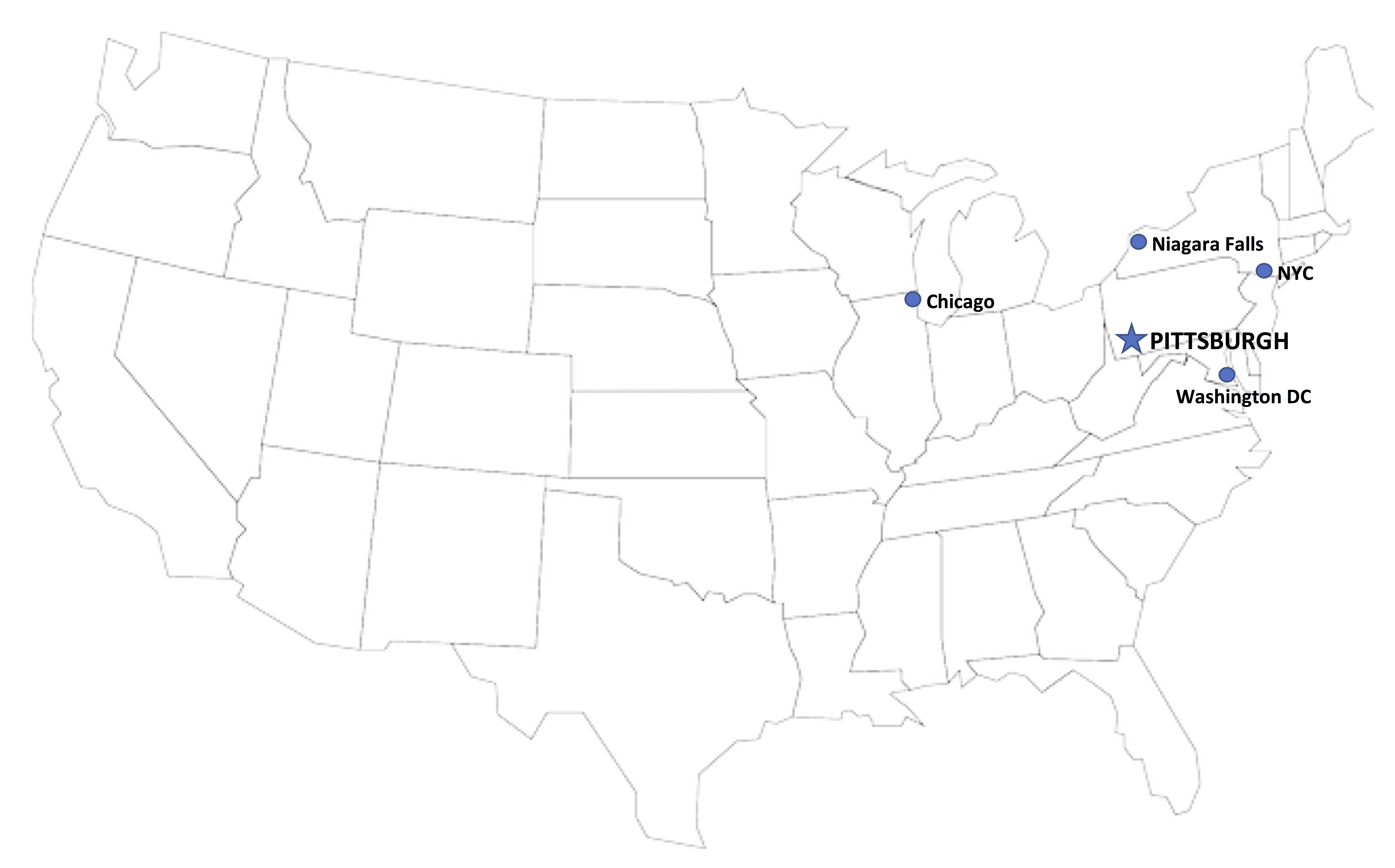 map showing the location of Pittsburgh in the USA